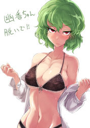 Rule 34 | 1girl, ario, black bra, black panties, blush, bra, breasts, cleavage, female focus, green hair, groin, kazami yuuka, lace, lace bra, large breasts, navel, open clothes, open shirt, panties, red eyes, resized, shirt, short hair, solo, stomach, sweat, touhou, translated, underwear, underwear only, undressing, upper body, white background