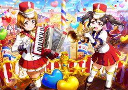 Rule 34 | 2girls, accordion, alternate costume, artist request, balloon, band uniform, black hair, blue sky, blush, boots, brown hair, confetti, day, elbow gloves, epaulettes, fingerless gloves, gloves, hat, heart, heart balloon, instrument, koizumi hanayo, long sleeves, looking at viewer, love live!, love live! school idol festival, love live! school idol project, marching band, multiple girls, music, official art, open mouth, outdoors, playing instrument, pleated skirt, plume, purple eyes, red eyes, shako cap, short hair, short sleeves, skirt, sky, smile, standing, thighhighs, trumpet, twintails, uniform, white gloves, white legwear, yazawa nico, zettai ryouiki
