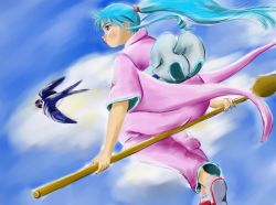 Rule 34 | 1girl, bird, blue hair, botan (yu yu hakusho), flying, japanese clothes, kimono, oar, ponytail, sidesaddle, solo, yuu yuu hakusho