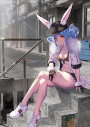 1girl, animal ear fluff, animal ears, bare legs, baseball cap, bikini, bikini top, bikini under clothes, black gloves, black headwear, blue hair, breasts, brown bikini, building, bunny ears, casual, cleavage, collarbone, commentary, day, denim, denim skirt, dog tags, double bun, ears through headwear, full body, fur-trimmed gloves, fur-trimmed skirt, fur trim, gloves, hat, highres, hip bones, hololive, jacket, legs, legs crossed, looking at viewer, microskirt, multicolored hair, navel, open clothes, open jacket, orange eyes, outdoors, parted lips, partially fingerless gloves, proudsoul, railing, shoes, short sleeves, side slit, sitting, skirt, small breasts, smile, sneakers, solo, stairs, stomach, sunlight, swimsuit, two-tone hair, usada pekora, virtual youtuber, white footwear, white hair, white jacket