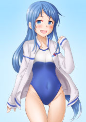 Rule 34 | 1girl, anti (untea9), blue background, blue eyes, blue hair, blue one-piece swimsuit, blush, commentary request, high school fleet, highres, kantai collection, long hair, looking at viewer, one-piece swimsuit, open clothes, open mouth, open shirt, samidare (kancolle), school swimsuit, shirt, smile, solo, swimsuit, white shirt