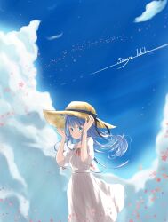 Rule 34 | 1girl, animal ear fluff, animal ears, black bow, blue eyes, blue hair, blue sky, bow, breasts, brown hat, closed mouth, cloud, commentary request, contrail, cowboy shot, dog ears, dress, falling petals, hands up, hat, hat bow, highres, long hair, looking at viewer, lovermoonlight, medium bangs, nanashi inc., neck ribbon, outdoors, petals, red ribbon, ribbon, sash, short sleeves, sky, small breasts, smile, solo, souya ichika, sun hat, virtual youtuber, white dress, white sash