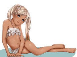 Rule 34 | 10s, 1girl, arm support, bad id, bad pixiv id, barefoot, bikini, blonde hair, blue eyes, granblue fantasy, io (granblue fantasy), io (summer) (granblue fantasy), kirieppa, long hair, looking at viewer, lying, navel, on side, open mouth, simple background, smile, solo, swimsuit, tan, twintails