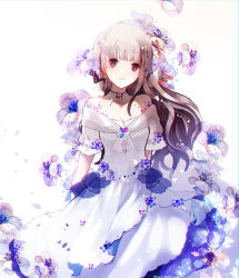 Rule 34 | 1girl, bare shoulders, blunt bangs, breasts, cleavage, closed mouth, collarbone, commentary request, cowboy shot, dress, floral background, flower, highres, long hair, looking at viewer, original, purple eyes, small breasts, smile, solo, standing, white background, white dress, yuzuyomogi