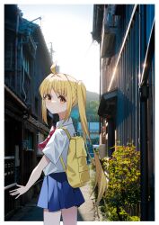Rule 34 | 1girl, ahoge, backpack, bag, blonde hair, blue skirt, bocchi the rock!, bow, bowtie, brown eyes, cowboy shot, day, ijichi nijika, long hair, looking at viewer, one side up, outdoors, photo background, pleated skirt, red bow, red bowtie, shirt, short sleeves, skirt, solo, sutei (arece15), white shirt
