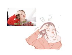 Rule 34 | 1girl, animification, brown hair, drawn ears, eyeshadow, facing up, highres, hood, hoodie, k-pop, makeup, nayeon (twice), photo inset, pink eyeshadow, portrait, puckered lips, qiao nan 1028 hao, real life, red hoodie, reference inset, simple background, twice (group), white background