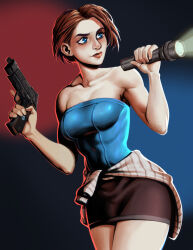 Rule 34 | 1girl, bare arms, bare shoulders, beretta 92, black skirt, blue eyes, blue tube top, breasts, brown hair, cleavage, clothes around waist, collarbone, commentary, effy neprin, english commentary, fingernails, flashlight, gun, handgun, highres, holding, holding flashlight, holding gun, holding weapon, jill valentine, looking to the side, medium breasts, red lips, resident evil, resident evil 3, resident evil 3: nemesis, short hair, skirt, solo, strapless, sweater, sweater around waist, taut clothes, tube top, two-tone background, weapon