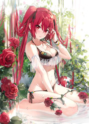 Rule 34 | 1girl, absurdres, adjusting hair, ball, bare shoulders, barefoot, bikini, blush, branch, breasts, cleavage, collarbone, eyes visible through hair, flower, frills, full body, furrowed brow, hair between eyes, hair ribbon, highres, in water, leaf, long hair, looking at viewer, nature, navel, on lap, original, parted lips, partially submerged, plant, red eyes, red flower, red hair, red rose, ribbon, rose, side-tie bikini bottom, sitting, skindentation, solo, swimsuit, ttorong, twintails, vines, wariza, water, water drop, waterfall, wet, wristband