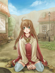 Rule 34 | 1girl, ahoge, artist request, blush, brown hair, cape, coat, day, frown, green eyes, grey thighhighs, hair ornament, hairband, hexagram, lilka eleniak, long hair, low-tied long hair, open mouth, outdoors, sidelocks, sitting, skirt, smile, solo, source request, thighhighs, twintails, umbrella, white thighhighs, wild arms, wild arms 2