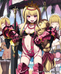 Rule 34 | 10s, 3girls, :d, armor, bad id, bad pixiv id, beach, black legwear, blonde hair, blush, braid, breasts, closed eyes, gauntlets, greaves, hand on own hip, len (a-7), long hair, looking at viewer, maid, maid headdress, multiple girls, navel, open mouth, palm tree, pantyhose, planted, planted sword, planted weapon, princess (shingeki no bahamut), red eyes, shingeki no bahamut, single braid, smile, swimsuit, sword, thighhighs, tiara, tree, umbrella, very long hair, water, weapon
