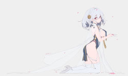 Rule 34 | 1girl, azur lane, blue dress, braid, breast curtains, breasts, cape, china dress, chinese clothes, closed mouth, dress, expressionless, flower, from side, full body, garter straps, gloves, grey background, grey footwear, hair between eyes, hair flower, hair ornament, half gloves, hands up, high heels, highres, kneeling, large breasts, looking at viewer, looking to the side, medium hair, official alternate costume, olys, outstretched hand, pelvic curtain, petals, red eyes, rose, see-through, shoes, side slit, sideboob, sideways glance, silver hair, simple background, sirius (azur lane), sirius (azure horizons) (azur lane), solo, thighhighs, twitter username, white cape, white gloves, white thighhighs, yellow flower, yellow rose