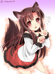 Rule 34 | 1girl, :d, animal ears, bare shoulders, blush, brooch, brown hair, cowboy shot, dress, fang, hair intakes, imaizumi kagerou, jewelry, leaning forward, long hair, long sleeves, looking at viewer, off-shoulder dress, off shoulder, open mouth, ramudia (lamyun), red eyes, sidelocks, smile, solo, tail, touhou, twitter username, v, wolf ears, wolf girl, wolf tail