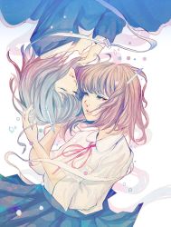 Rule 34 | 2girls, abstract, bad id, bad twitter id, blue skirt, breast pocket, brown eyes, brown hair, collared shirt, commentary request, eraser, eyelashes, closed eyes, facing another, highres, long sleeves, mechanical pencil, multiple girls, neck ribbon, original, pencil, pink ribbon, pleated skirt, pocket, ribbon, shirt, shirt pocket, short hair, simple background, skirt, sleeves rolled up, upside-down, wataboku, white background, white shirt