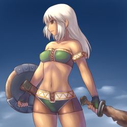 Rule 34 | 1girl, aaaa (quad-a), armband, bad id, bad pixiv id, blue background, brown eyes, capcom, day, fingerless gloves, gloves, highres, light smile, long hair, looking at viewer, midriff, monster hunter (series), navel, profile, shield, short shorts, shorts, sky, smile, solo, strapless, sword, tan, tube top, weapon, white hair