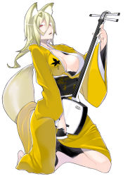 Rule 34 | 1girl, animal ears, bachi, barefoot, blonde hair, breasts, character request, cleavage, female focus, fox ears, fox tail, instrument, japanese clothes, kimono, kneeling, large breasts, long hair, looking at viewer, open mouth, plectrum, red eyes, shamisen, simple background, solo, tail, tomoe (yozakura quartet), yasuda suzuhito, yozakura quartet