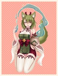 Rule 34 | 1girl, :d, absurdres, animal ears, bare shoulders, beige legwear, blush, border, breasts, commentary, detached sleeves, english commentary, eyes visible through hair, full body, fur, green hair, green tail, hair between eyes, hair ribbon, highres, holding, holding pot, japanese clothes, kamaitachi (monster girl encyclopedia), legs, long sleeves, looking at viewer, magic, medium breasts, monster girl, monster girl encyclopedia, open mouth, orange background, orange eyes, panties, pot, red ribbon, ribbon, sash, seiza, short hair, simple background, sitting, smile, solo, tail, thighhighs, twintails, underwear, water, wide sleeves, wlper