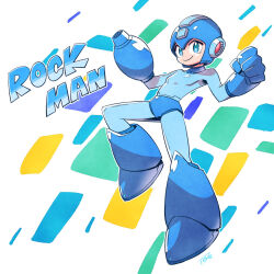 Rule 34 | 1boy, android, arm cannon, blue bodysuit, blue eyes, blue footwear, blue headwear, bodysuit, boots, capcom, character name, clenched hand, english text, full body, helmet, humanoid robot, looking at viewer, mega man (character), mega man (series), robot, signature, simple background, smile, sunafuki tabito, weapon