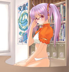 Rule 34 | 1girl, adjusting eyewear, ahoge, bandeau, bear, blush, book, bookshelf, closed mouth, cropped jacket, desk, glasses, hair ornament, midriff, no pants, non-web source, original, panties, piko (mea), poster (object), puffy sleeves, purple eyes, purple hair, sitting, solo, strapless, tube top, twintails, underwear, white panties, window