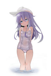 Rule 34 | 10s, 1girl, :&lt;, arms behind back, bad id, bad pixiv id, blue eyes, hammer and sickle, hat, head tilt, hibiki (kancolle), kantai collection, long hair, looking at viewer, one-piece swimsuit, partially submerged, personification, school swimsuit, silver hair, simple background, solo, star (symbol), sugar (sugar17), swimsuit, thigh gap, verniy (kancolle), wading, water, wet, white background, white one-piece swimsuit