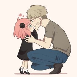 Rule 34 | 1boy, 1girl, ahoge, anya (spy x family), black dress, black footwear, blonde hair, blue eyes, blush, child, closed mouth, commentary, dmanya, dress, father and daughter, green eyes, hairpods, heart, pink hair, shirt, short hair, short sleeves, simple background, socks, spy x family, squatting, t-shirt, twilight (spy x family), undercut, white background