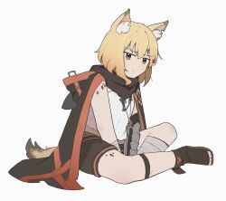 Rule 34 | 1girl, animal ear fluff, animal ears, arknights, bandaged arm, bandaged leg, bandages, black footwear, black shorts, blonde hair, closed mouth, commentary request, elysiium, full body, hair between eyes, hair ornament, hairclip, highres, looking at viewer, one-hour drawing challenge, orange eyes, shorts, simple background, sitting, solo, tail, toeless footwear, vermeil (arknights), white background