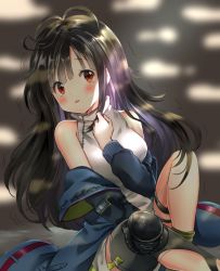 Rule 34 | 1girl, antenna hair, bad id, bad pixiv id, bare shoulders, blue jacket, blurry, blurry background, blush, breasts, brown hair, c-ms (girls&#039; frontline), commentary, depth of field, dress, girls&#039; frontline, grey thighhighs, hand up, jacket, long hair, long sleeves, looking at viewer, medium breasts, melings (aot2846), mole, mole under eye, off shoulder, open clothes, open jacket, parted lips, red eyes, round teeth, single thighhigh, sleeveless, sleeveless dress, solo, tears, teeth, thighhighs, trembling, upper teeth only, very long hair, white dress