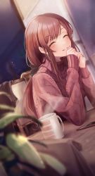Rule 34 | 1girl, absurdres, blurry, blurry foreground, blush, brown hair, cellphone, closed eyes, coffee mug, commentary request, cup, dutch angle, earrings, hands up, highres, idolmaster, idolmaster shiny colors, indoors, jewelry, long hair, long sleeves, mug, nail polish, odecono3, osaki amana, parted lips, phone, pink sweater, plant, smartphone, smile, solo, steam, sweater, table, turtleneck, turtleneck sweater