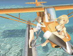 Rule 34 | 2girls, :o, aircraft, airplane, arched back, arm support, arms at sides, ass, bare arms, bare shoulders, barefoot, bikini, black bikini, black ribbon, blonde hair, breasts, cleavage, collarbone, day, from side, front-tie top, full body, hair tie, highres, large breasts, leaning forward, long hair, looking at viewer, looking to the side, medium breasts, multiple girls, on vehicle, open mouth, orange eyes, original, ponytail, profile, propeller, red bikini, ribbon, seaplane, shiny skin, shirt, short sleeves, side-tie bikini bottom, sitting, spread legs, swimsuit, throtem, tied shirt, twintails, vehicle focus, water, white ribbon, white shirt