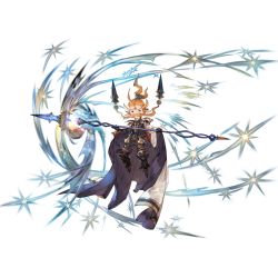 Rule 34 | 1boy, blue eyes, boots, cape, facial hair, facial mark, floating, forehead mark, gloves, granblue fantasy, harvin, long hair, looking at viewer, male focus, mustache, official art, orange hair, pointy ears, polearm, ponytail, solo, sparkle, spear, transparent background, anre (granblue fantasy), weapon