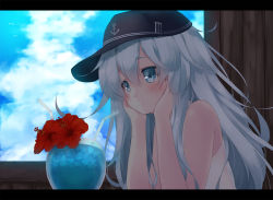Rule 34 | 10s, 1girl, alternate costume, black border, black hat, blue eyes, border, cloud, cloudy sky, day, drink, drinking straw, flat cap, flower, gengetsu chihiro, hair between eyes, hat, hibiki (kancolle), kantai collection, letterboxed, long hair, red flower, silver hair, sky, smile, solo