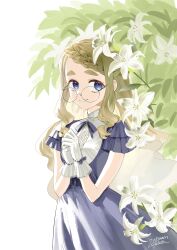 Rule 34 | 1girl, 2l (2lsize), blonde hair, blue dress, blue eyes, braid, braided bangs, commentary, dress, flower, gloves, highres, lily (2l), lily (flower), long hair, looking at viewer, original, own hands together, parted lips, round eyewear, smile, solo, thick eyebrows, upper body, wavy hair, white gloves
