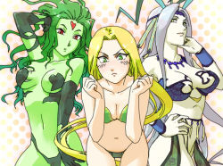 Rule 34 | 00s, 1990s (style), 3girls, barbariccia, bikini, blonde hair, cloud of darkness, colored skin, female focus, final fantasy, final fantasy iii, final fantasy iv, final fantasy x, green eyes, green hair, green skin, hands on own hips, jewelry, long hair, masu, midriff, multiple girls, necklace, pasties, red eyes, silver hair, swimsuit, tiara, very long hair, white skin, wristband, yellow eyes, yunalesca