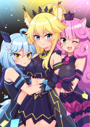 Rule 34 | 3girls, ;d, absurdres, ahoge, animal ear fluff, animal ears, ao (flowerclasse), bare shoulders, black gloves, black skirt, blonde hair, blue bow, blue eyes, blue hair, blush, bow, breasts, closed mouth, commentary request, commission, crop top, frilled skirt, frills, gloves, green eyes, hair between eyes, hair ornament, hand on another&#039;s shoulder, headgear, high ponytail, highres, large breasts, long hair, midriff, multicolored hair, multiple girls, navel, one eye closed, open mouth, pantyhose, parted lips, pink bow, pink hair, pleated skirt, ponytail, rararin (show by rock!!), show by rock!!, skeb commission, skirt, small breasts, smile, snowflake hair ornament, streaked hair, striped clothes, striped pantyhose, sumomone (show by rock!!), uiui (show by rock!!), very long hair, yellow eyes