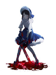 Rule 34 | 1girl, bad id, bad pixiv id, blood, blood in hair, blood on clothes, blood on face, blood on hands, blood on leg, blood splatter, blue eyes, blue gloves, blue headwear, bonnet, boudoir dream (identity v), bow, brown hair, censored, chainsaw, closed eyes, dress, emma woods, frilled dress, frilled gloves, frilled sleeves, frills, full body, gloves, highres, holding, holding chainsaw, holding weapon, identity v, kouri (kyorosuukeeeeeee), layered dress, official alternate costume, pool of blood, short hair, simple background, smile, solo, weapon, white background
