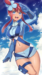 Rule 34 | 1girl, blue eyes, blue gloves, blue jacket, blue shorts, blush, breasts, cloud, commentary request, creatures (company), cropped jacket, day, eyelashes, game freak, gloves, gym leader, hair ornament, highres, jacket, looking at viewer, midriff, navel, nintendo, one side up, open mouth, outdoors, pokemon, pokemon bw, pouch, red hair, salute, shiny skin, short hair with long locks, short shorts, shorts, sidelocks, sky, skyla (pokemon), smile, solo, teeth, thigh pouch, tongue, turtleneck, upper teeth only, yasu suupatenin