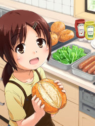 Rule 34 | 1girl, :d, apron, beidan, blush, bottle, brand name imitation, bread, brown eyes, brown hair, food, hair ornament, hairclip, hot dog, ketchup, kitchen, lettuce, long hair, mustard, open mouth, original, ponytail, sexually suggestive, smile, solo