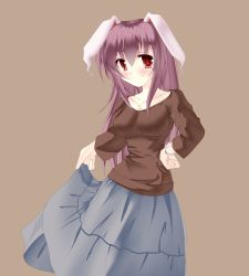 Rule 34 | 1girl, animal ears, bad id, bad pixiv id, blush, bracelet, breasts, rabbit ears, contemporary, female focus, hand on own hip, highres, impossible clothes, impossible shirt, jewelry, large breasts, long hair, long skirt, long sleeves, nagatsuki shiwasu, necklace, purple hair, red eyes, reisen udongein inaba, shirt, skirt, skirt hold, smile, solo, touhou