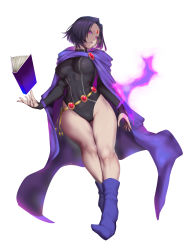 Rule 34 | 1girl, absurdres, aura, belt, black hair, black leotard, book, boots, breasts, bridal gauntlets, brooch, cape, closed mouth, commentary request, covered navel, dc comics, eyelashes, floating, floating book, floating object, forehead jewel, full body, gem, gluteal fold, head tilt, highres, jewelry, kumiko shiba, leotard, lips, looking at viewer, loose belt, medium breasts, open book, pink eyes, pointy footwear, pursed lips, raven (dc), shiny skin, shoes, short hair, signature, simple background, skin tight, solo, teen titans, thigh gap, thighs, turtleneck, white background