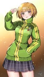 Rule 34 | 1girl, :p, absurdres, artist name, black skirt, brown background, brown eyes, brown hair, commentary, glasses, gradient background, green jacket, hand in pocket, highres, jacket, looking at viewer, persona, persona 4, plaid, plaid skirt, satonaka chie, short hair, skirt, smile, solo, standing, tongue, tongue out, twitter username, yellow-framed eyewear, yuhkabun, zipper, zipper pull tab