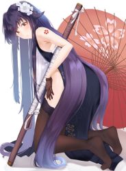 Rule 34 | 1girl, ass, azuma (azur lane), azuma (soft voice of spring) (azur lane), azur lane, breasts, brown gloves, china dress, chinese clothes, dress, flower, full body, gloves, hair between eyes, hair flower, hair ornament, half gloves, highres, large breasts, leaning forward, long hair, looking at viewer, looking back, miss non, oil-paper umbrella, orange eyes, purple hair, sakura empire (emblem), sheath, shoulder tattoo, simple background, solo, tattoo, thighhighs, umbrella, very long hair, white background, white flower