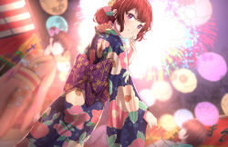 Rule 34 | 3girls, absurdres, aerial fireworks, back bow, blue flower, blue kimono, blurry, blurry background, blush, bow, brown hair, cherry blossom print, closed mouth, commentary request, depth of field, fireworks, floral print, flower, furisode, hair bun, hair flower, hair ornament, highres, japanese clothes, kimono, looking at viewer, looking back, multiple girls, night, original, outdoors, pink flower, pink rose, print bow, print kimono, purple bow, red eyes, revision, rose, single hair bun, smile, solo focus, summer festival, wang man, yellow flower