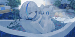 Rule 34 | 1girl, azur lane, bathing, bathroom, bathtub, black nails, blue eyes, blue hair, colored skin, day, full body, hair over one eye, hands up, highres, holding, holding stuffed toy, indoors, knees up, looking at viewer, looking back, manjuu (azur lane), medium hair, multicolored hair, nail polish, naycot, nude, pale skin, smile, solo, streaked hair, stuffed toy, sunlight, tb (azur lane), two-tone hair, white hair, white skin