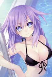 Rule 34 | 10s, 1girl, absurdres, bikini, bikini top only, black bikini, blue eyes, braid, breasts, choujigen game neptune, cleavage, female focus, front-tie top, highres, large breasts, light smile, long hair, looking at viewer, medium breasts, neptune (neptunia), neptune (series), official art, partially submerged, pool, pool ladder, purple hair, purple heart (neptunia), shiny skin, smile, solo, string bikini, swimsuit, symbol-shaped pupils, tsunako, twin braids, twintails, very long hair