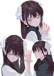 Rule 34 | 1girl, bow, bracelet, brown hair, china dress, chinese clothes, closed mouth, dress, fkey, grey dress, hair bow, hand up, highres, jewelry, looking at viewer, mole, mole under eye, multiple views, original, shirt, simple background, sketch, twintails, white background, white bow, white shirt, yellow eyes