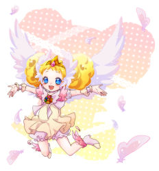 Rule 34 | 10s, 1girl, angel wings, blonde hair, bloomers, blue eyes, brooch, candy (smile precure!), choker, double bun, earrings, feathers, full body, jewelry, kamabo ko, outstretched arms, personification, polka dot, polka dot background, precure, royal candy, shoes, short hair, skirt, smile, smile precure!, solo, spread arms, tiara, underwear, white bloomers, white choker, wings, wrist cuffs