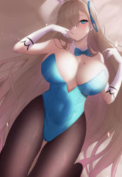 Rule 34 | 1girl, animal ears, asuna (blue archive), asuna (bunny) (blue archive), bare shoulders, blue archive, blue bow, blue bowtie, blue eyes, blue leotard, blush, bow, bowtie, breasts, brown pantyhose, cleavage, detached collar, fake animal ears, hair over one eye, highleg, highleg leotard, highres, large breasts, leotard, light brown hair, long hair, looking at viewer, mizuha (pixiv56938668), mole, mole on breast, official alternate costume, open mouth, pantyhose, playboy bunny, rabbit ears, solo, thighs