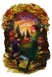 Rule 34 | 1boy, 1girl, :d, arm up, autumn, autumn leaves, bad id, bad pixiv id, black hair, black thighhighs, blush, boots, bow, copyright request, detached sleeves, dress, full body, green bow, green dress, green eyes, green footwear, hair between eyes, hair bow, highres, holding, k (sktchblg), looking at another, map, open mouth, pointing, profile, purple eyes, purple footwear, purple shirt, purple shorts, red hair, running, shirt, short hair, short sleeves, shorts, smile, spiked hair, standing, standing on one leg, sunset, thigh boots, thighhighs, tree, white background