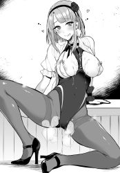 Rule 34 | 10s, 1girl, @ @, areola slip, between breasts, blush, breasts, competition swimsuit, dagashi kashi, drooling, greyscale, hairband, heart, high heels, highleg, highleg swimsuit, highres, large breasts, leaning on object, licking lips, looking at viewer, monochrome, one-piece swimsuit, pantyhose, pantyhose under swimsuit, pochi (pochi-goya), puffy short sleeves, puffy sleeves, pussy juice, pussy juice drip, shidare hotaru, short sleeves, sidelocks, smile, solo, spread legs, steam, sweat, swimsuit, thighband pantyhose, tongue, tongue out, torn clothes, torn pantyhose