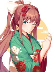 Rule 34 | 1girl, ;), bow, brown hair, circle, collarbone, doki doki literature club, eyelashes, floral print, flower, green eyes, green kimono, hair bow, hair flower, hair ornament, hands up, highres, japanese clothes, kimono, light blush, light smile, lips, long hair, looking to the side, monika (doki doki literature club), multicolored background, obi, one eye closed, own hands together, ponytail, red flower, sascha517, sash, sidelocks, simple background, smile, solo, standing, striped clothes, striped kimono, upper body, very long hair, white background, white bow, yellow background