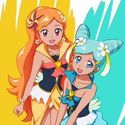 Rule 34 | 10s, 2girls, bad id, bad pixiv id, bare shoulders, blue eyes, blue hair, cure sunset, cure wave, earrings, flower, hair flower, hair ornament, happinesscharge precure!, highres, jewelry, long hair, magical girl, mont blanc (heartcatch ayaya), multiple girls, ohana (happinesscharge precure!), orange hair, orina (happinesscharge precure!), precure, red eyes, shirt, sketch, skirt, twintails, wrist cuffs
